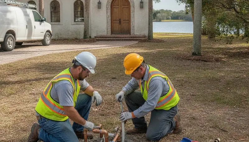 Kissimmee, FL plumbing repair technician fixing a pipe for a local home service call
