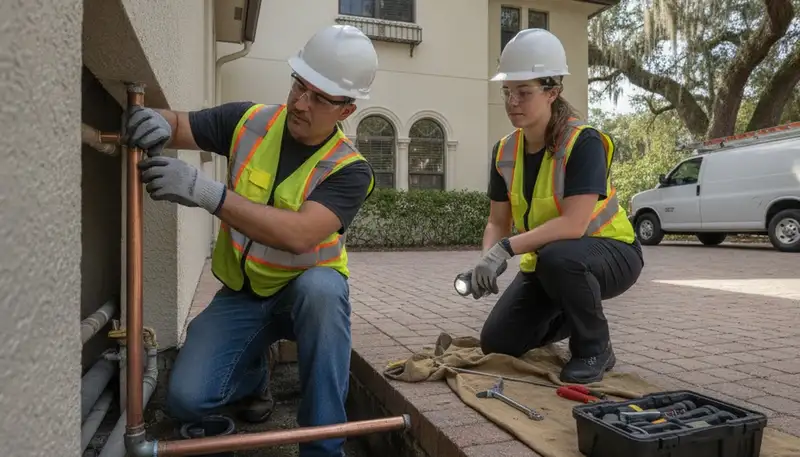 Kissimmee, FL plumbing repair technician fixing a residential pipe leak for a local customer